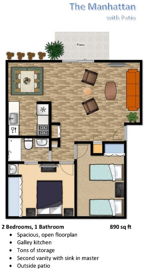 Floor plan for 2 beds, 1 bath, 890 sqft
